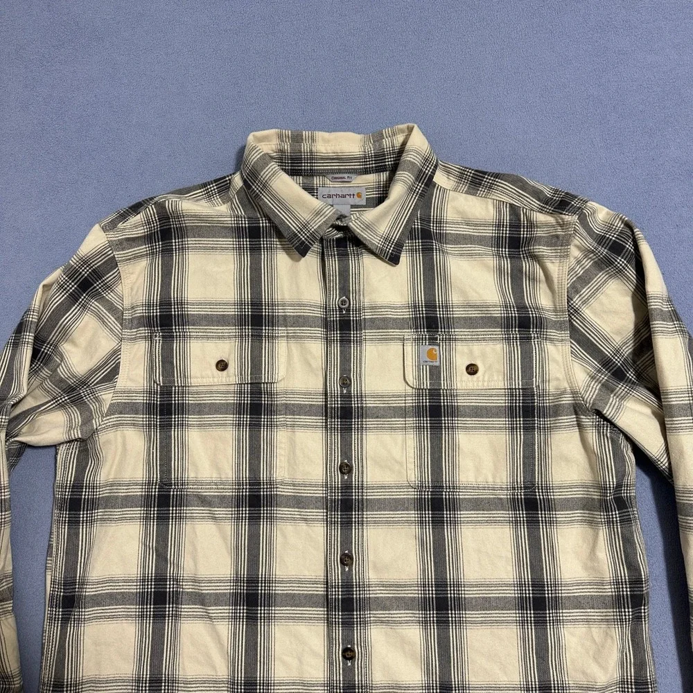 Carhartt Flannel Button-Up Shirt Long Sleeve Plaid‎ Cream Black Mens Size L Tall